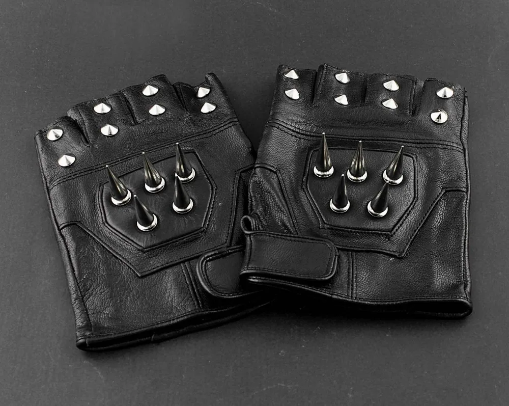 Quality Leather Gloves Conical Studs Unisex Fingerless Biker Punk Rock Metal