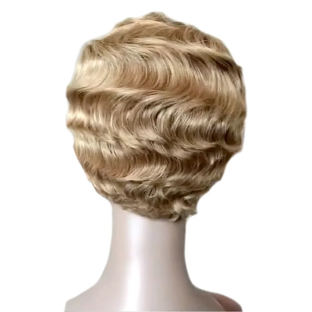 

Saloncht Blonde Finger Wave Wig Short Remy 100% Blonde Human Hair Extensions Afro Human Hair Wigs For Black/White Women