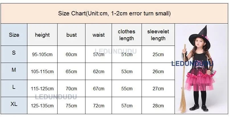 Children Halloween Fancy Party Suit Girls Magic Witch Dress Kids Rose Witch Cosplay Costume with Hat  (12)