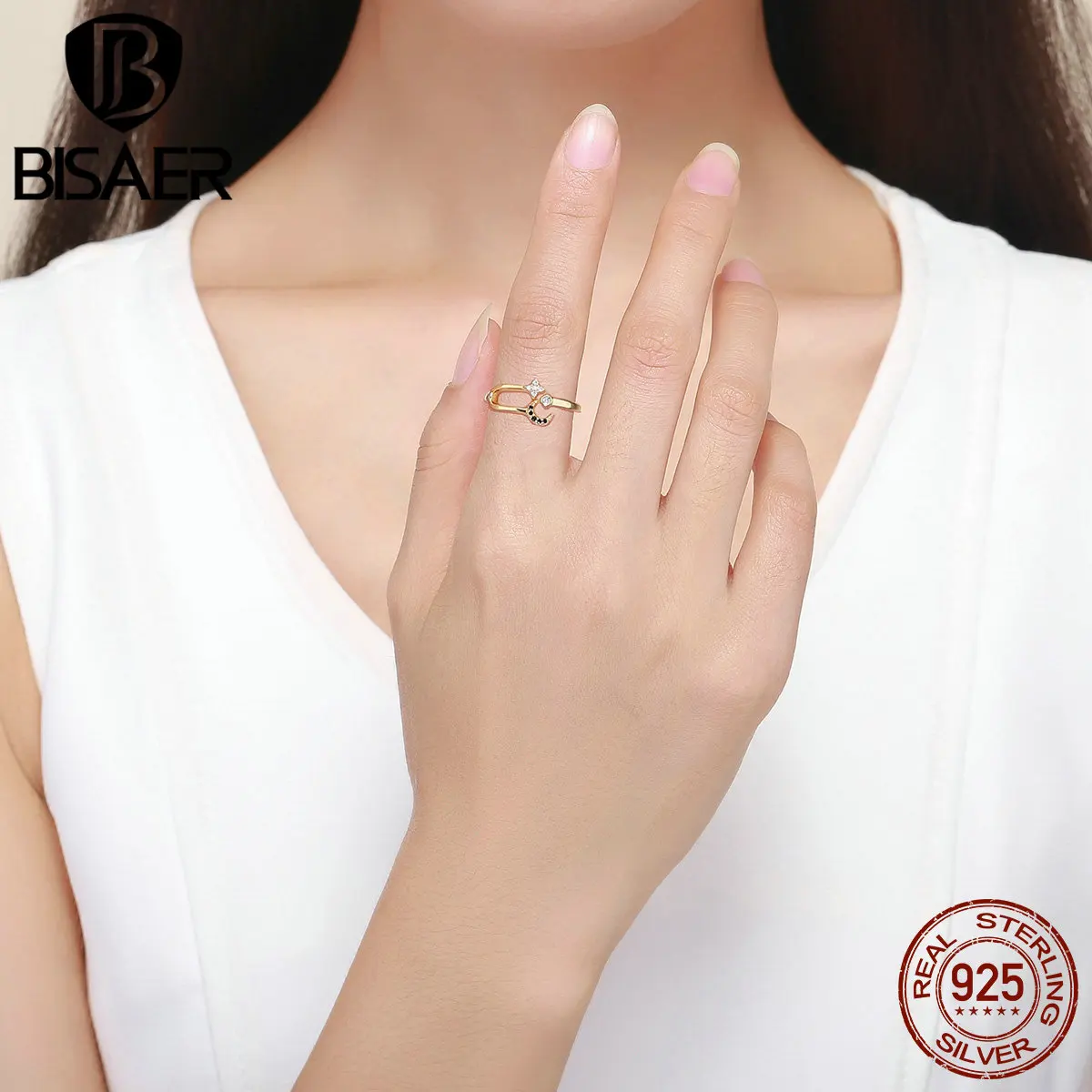 Кольца BISAER, 925 пробы, серебро, золото, цвет, Луна и звезда, открытый палец, кольцо для женщин, регулируемые кольца, мода, бижутерия, GAR020