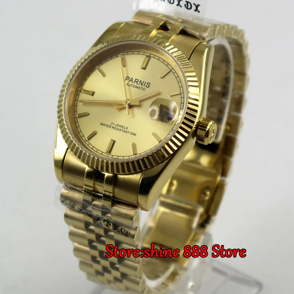 Роскошные 36 мм Parnis желтое золото циферблат Datejust Miyota 8215 автоматические мужские часы