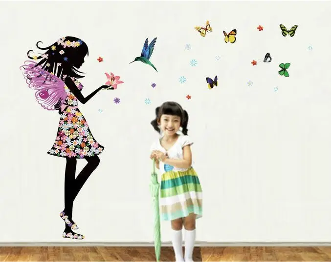 Romantic Cartoon Angel Wings Flower Fairy Beautiful Girl Butterfly DIY Wall Stickers Mural Decal Kids Room Home Decor JM8337 | Дом и сад