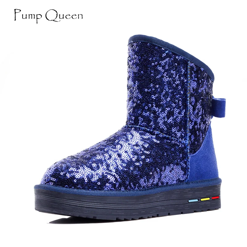 PumpQueen Ankle Boots Women Snow Fashion Blue Black Bling 2018 Winter Warm Plush Female Round Toe Shoes Woman Size 42 43 | Обувь