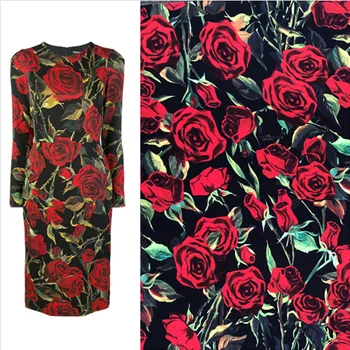

Floral Red Rose Black Soft Polyester Cady Linen Fabric for Woman Spring Summer Autumn Cady Dress Skirt Blouse Sewing DIY