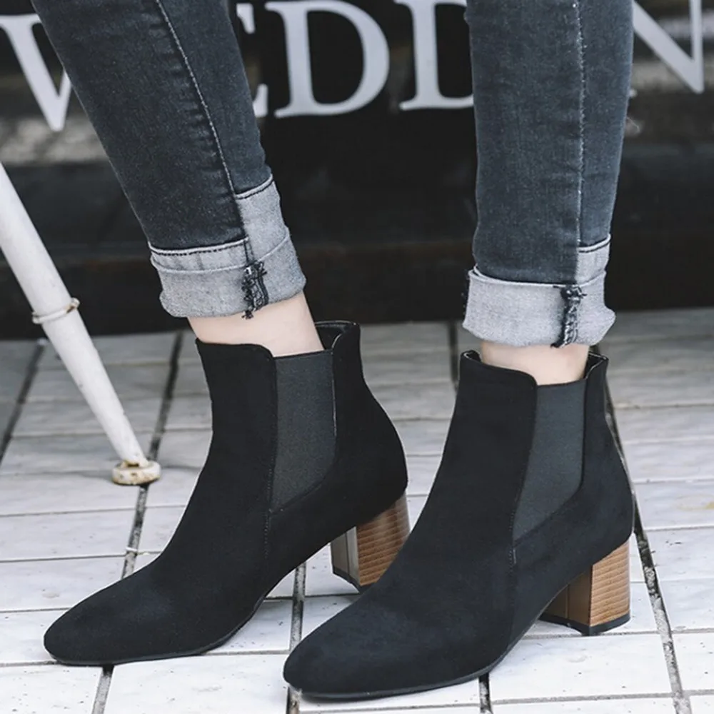 

Vogue Women Boots Nice Black Flock Ankle Boots For Women Winter Shoes Casual Slip On High Heel Boots Botas Mujer