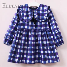 Hurave 2017 Automne Filles Robe Col Carré Enfants Plaid Robe À Manches Longues Robe Fille Enfants Occasionnels Vêtements Robes