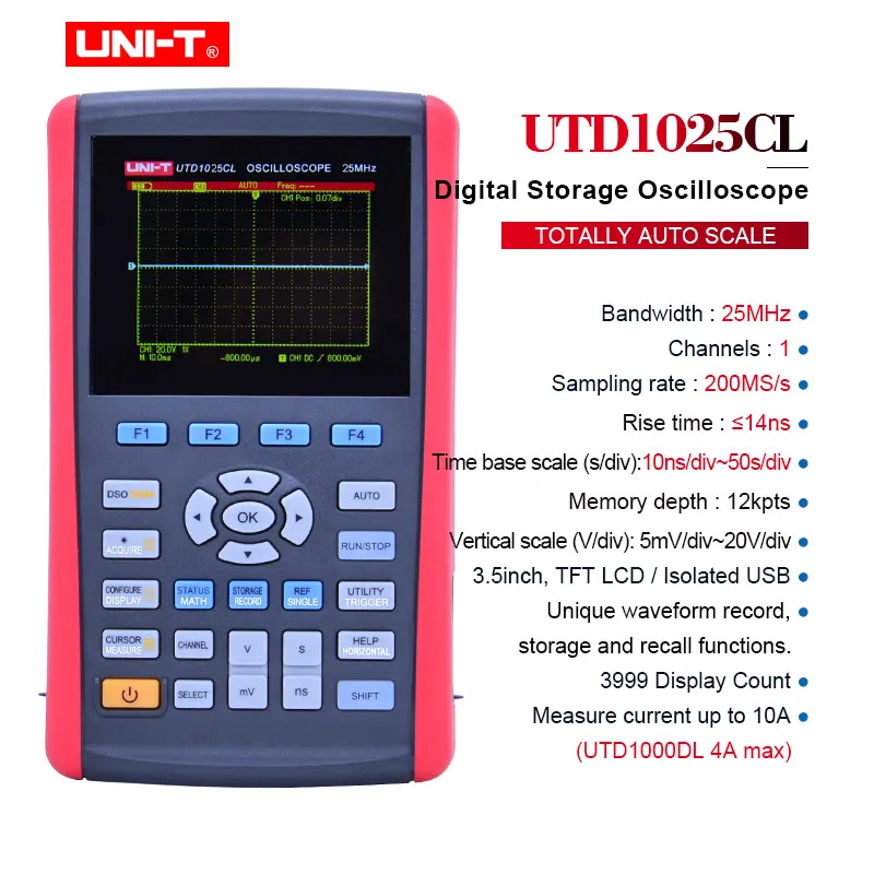 Ручной цифровой осциллограф UNI T UTD1025CL частота дискретизации 200 МГц полоса