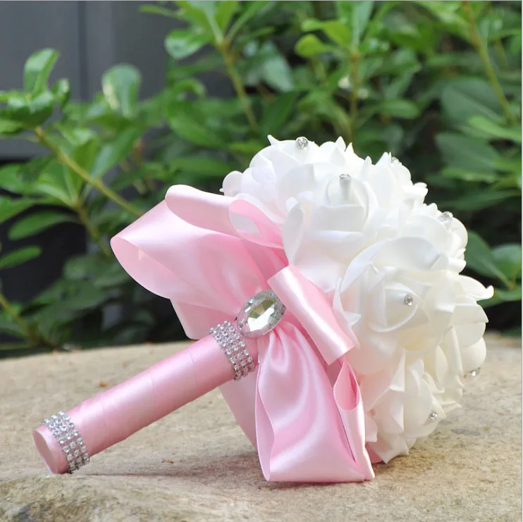 Wedding Bouquet, Big Size Red Bridesmaid Bouquet Bridal Bouquet with Crystals Soft Ribbons, Artificial Rose Flowers for Wedding (2)