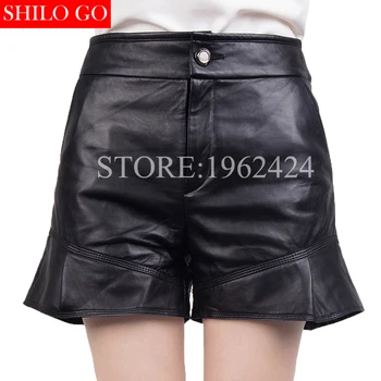 

Autumn winter fashion women high quality real sheepskin high waist Shorts autumn ker boots black leather shorts 3XL