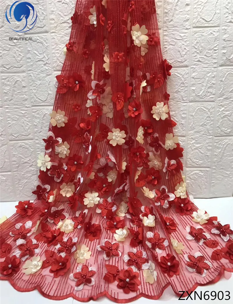 

BEAUTIFICAL Red french 3d flower lace fabric mesh 3d tulle lace fabric african 3d lace fabric embroidery ZXN69