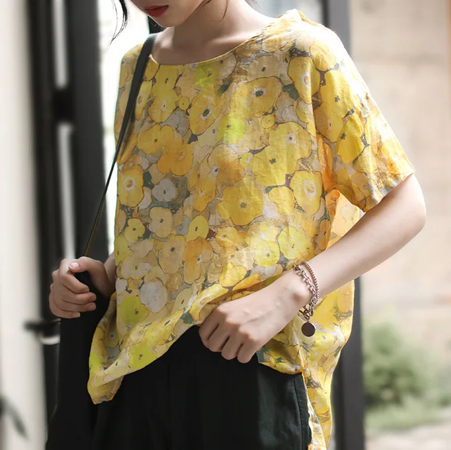 

BUYKUD Plus Size Blouse Summer Cotton Linen Short Sleeve Tunic Women Loose O Neck Tops And Blouses Ladies 2019 Print Shirts