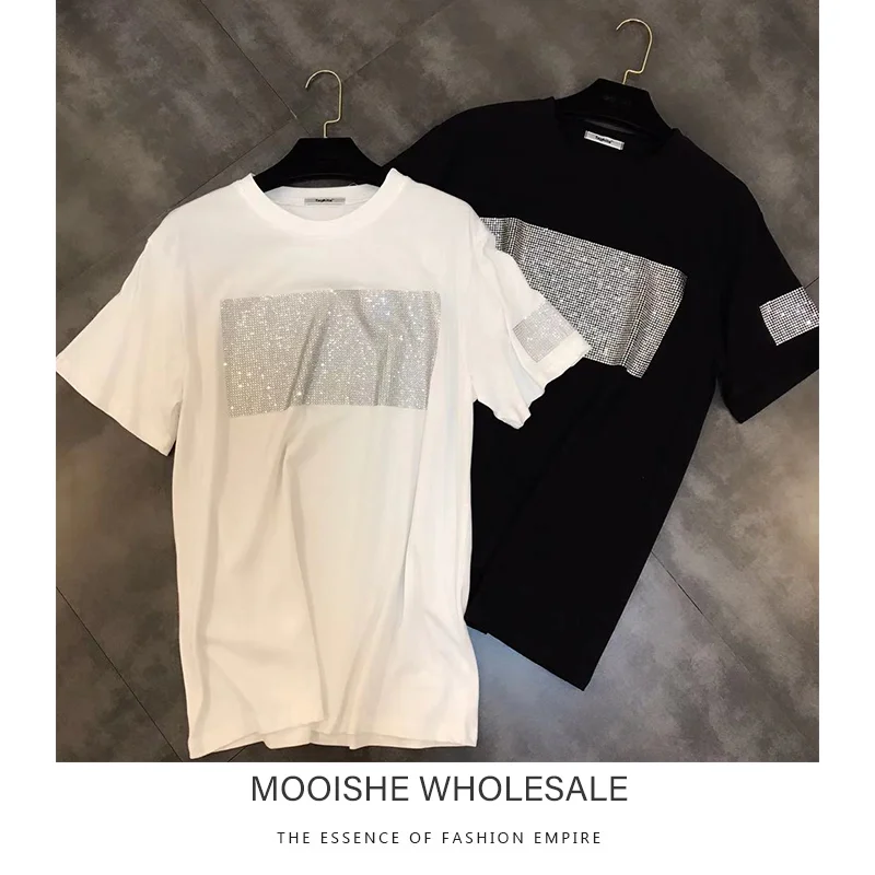 

Round Neck Short-sleeved T Shirt Women Beading Drilling Decoration Bright Shiny Trend 2019 Spring New T-shirt