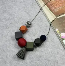 New Cute Tassel Wood Round Ball Pendant Long Women Sweater Necklace Snake Chain Fashion Jewelry Clothes Accessories
