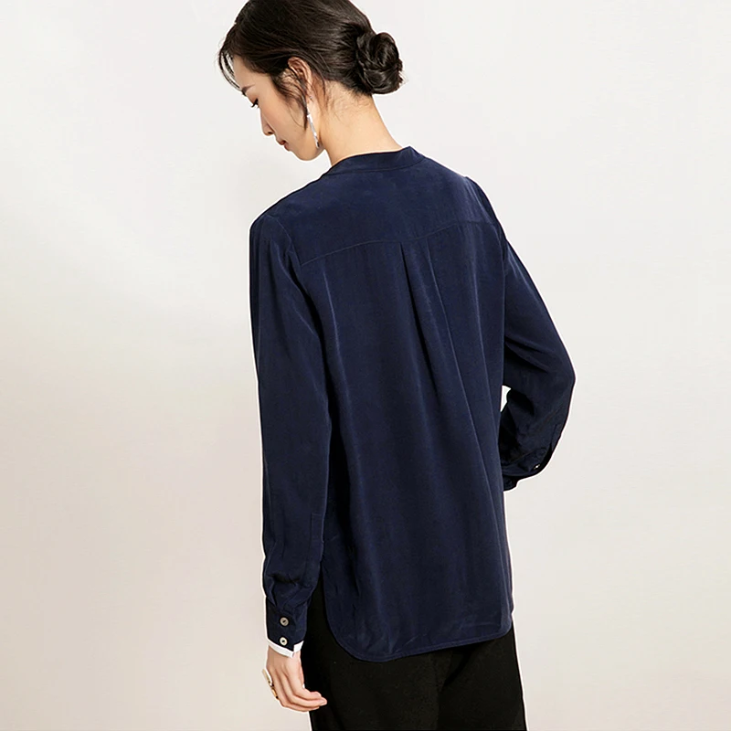 100% Silk Blouse Women Shirt Patchwork V Neck Long Sleeves Lightweight Fabric Casual Simple Top Elegant Style New Fashion 2018