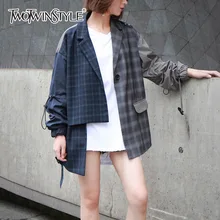 TWOTWINSTYLE плед Женский блейзер Нерегулярные лоскутное фонарь рукав кружево до пальто для женщин Длинная Куртка Осень Harajuku одежда