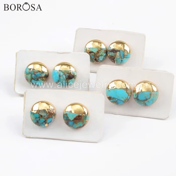 

BOROSA 5Pairs New 10mm Gold Color Square Round Triangle Copper Natural Turquoises Stud Earrings Jewelry G1723 G1724 G1725