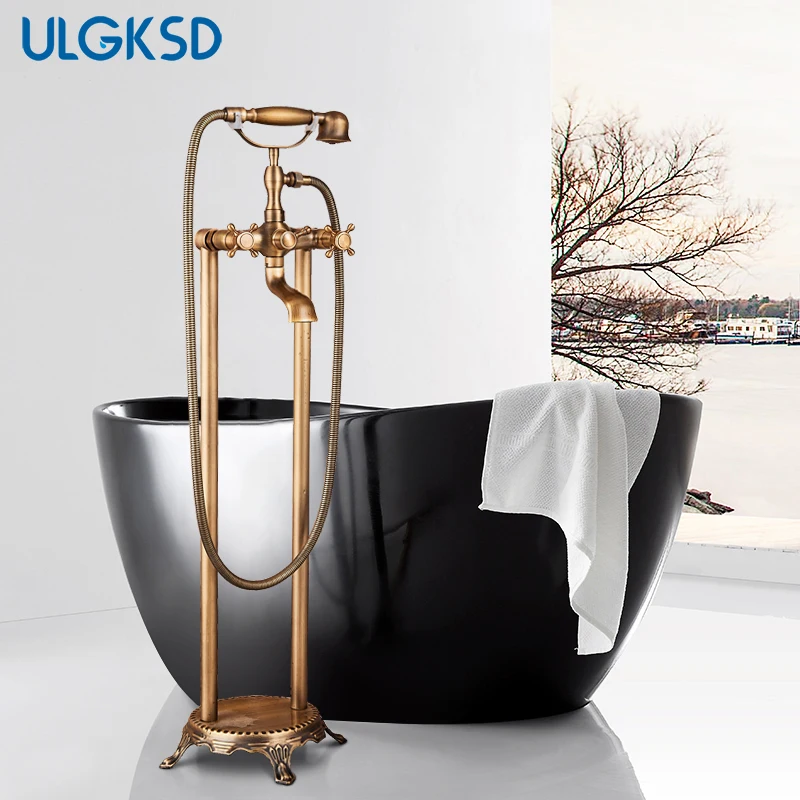 Buy ULGKSD Antique Brass Floor Stand Faucet Floor Mounting Dual Handle W/ Brass