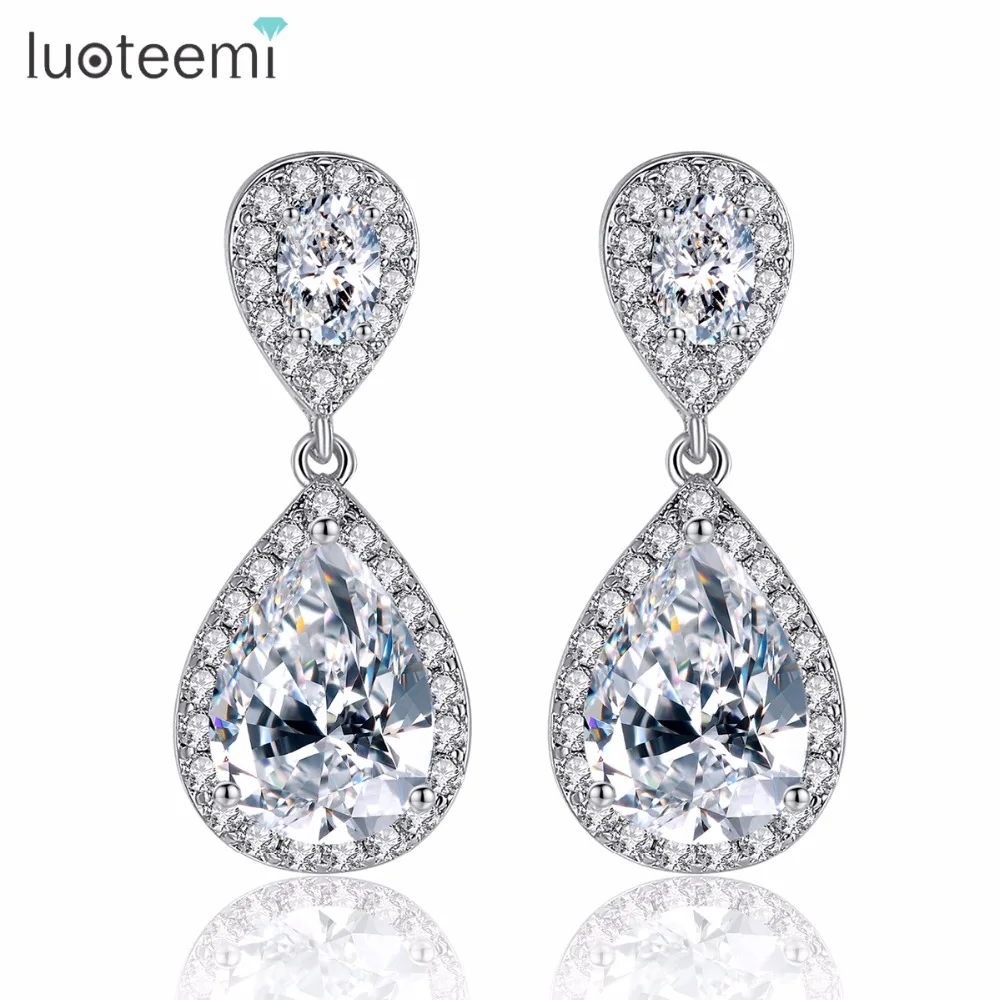 

LUOTEEMI Popular Fashion High quality White Gold Color Clear Cubic Zirconia Drop Earrings for Women Yiwu Teemi Jewelry Factory
