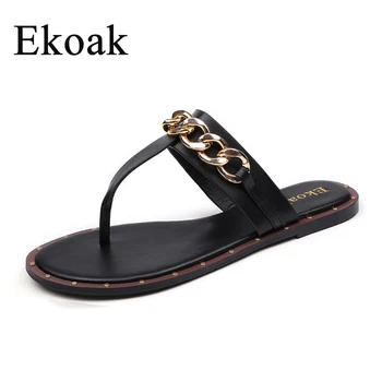 

Ekoak New Fashion Leather Sandals Women Summer Ladies Dress shoes woman Metal Chain Beach Flip-Flops Shoes Woman Flat Sandals