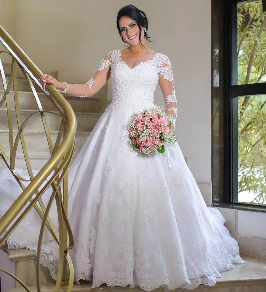 Vestido-de-Noiva-Scoop-Long-Sleeves-Lace-Wedding-Dress-Chapel-Train-Robe-de-mariee-Bodas-Bead