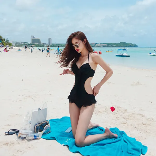 

Swimsuit One Piece 2019 Women Plus Size Korean Red Sexy Lace Leaf Bare Back Underwire Bracket Push Up Patchwork Polyester Sierra