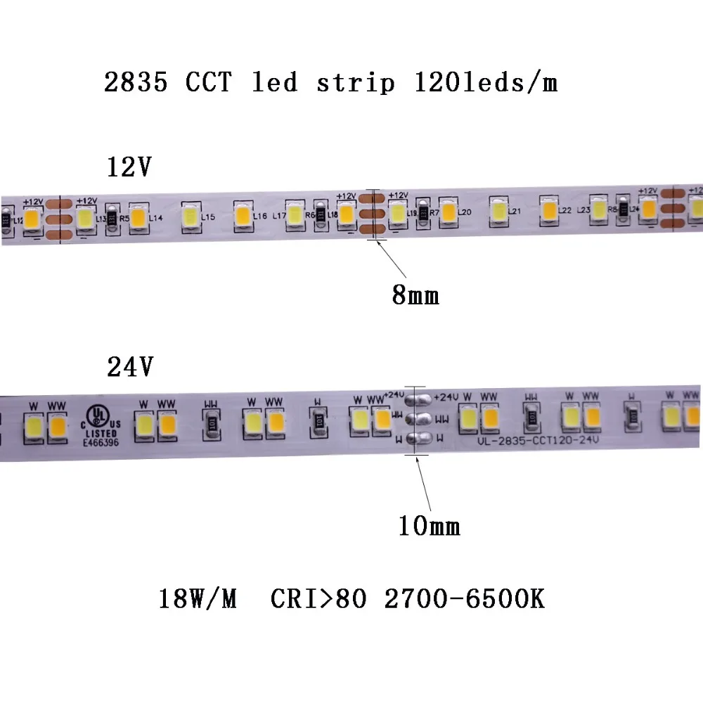 US $11.09 3528 2835 CWWW Dual White Color Temperature Adjustable CCT 12V 24V Double Color LED Flexible Strip 120ledsM Tape Light 810MM