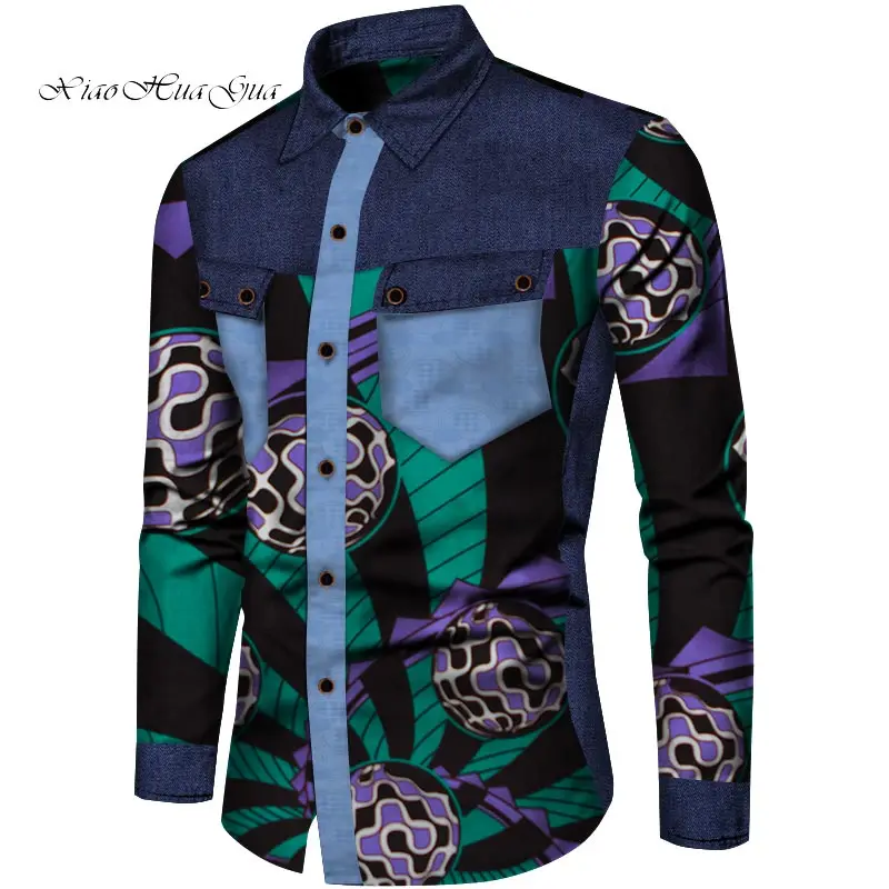 Африканская мужская одежда на заказ рубашки Анкара модный принт Лоскутная рубашка мужская с длинным рукавом Верхняя одежда WYN850