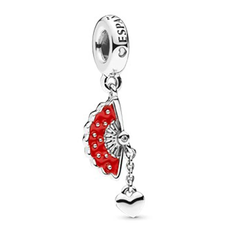 

New 925 Sterling Silver Bead Charm Red Enamel Spain fan With Love Heart Pendant Beads Fit Pandora Bracelet Bangle Diy Jewelry