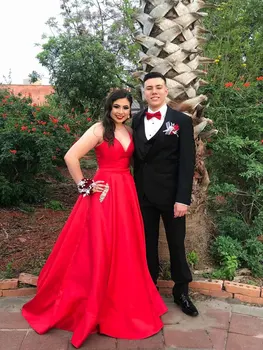 

2019 Sexy Satin A-line Prom Dresses Spaghetti Straps Evening Gowns Long Vestidos de fiesta Party Dress Jewel Pockets