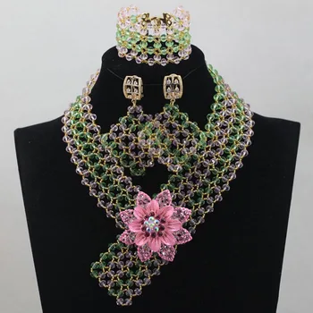 

Clear Green Mix Pink African Wedding Nigerian Beads Jewelry Costume Jewelry Sets 2016 Hot Bridal Accessory Free Shipping ALJ747