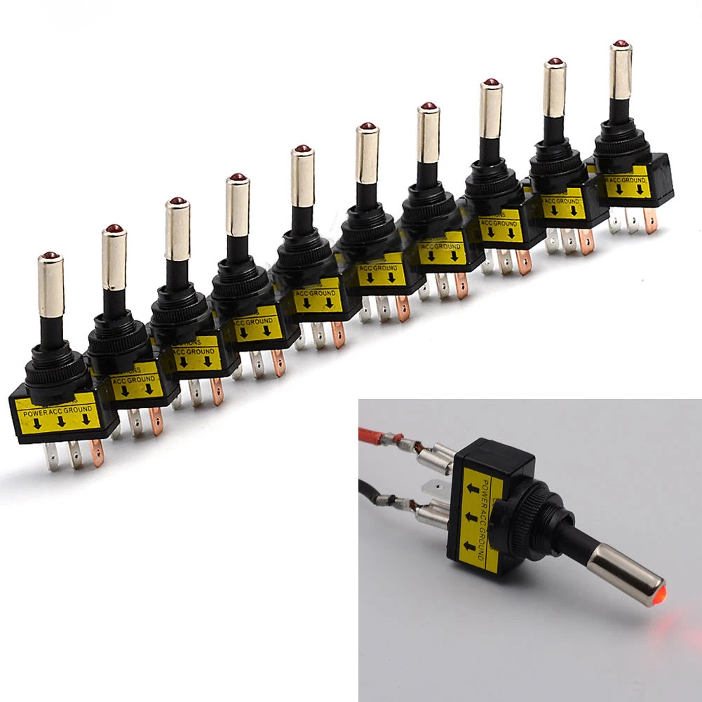 10pcs 12V 20A Car Red LED Light Toggle Switch 3 Pin SPST ON/OFF Rocker Switches 26*17*62mm For Vehicles Boats RV Mayitr holdwell micro switches toggle switch 8906k474 for cutler hammer