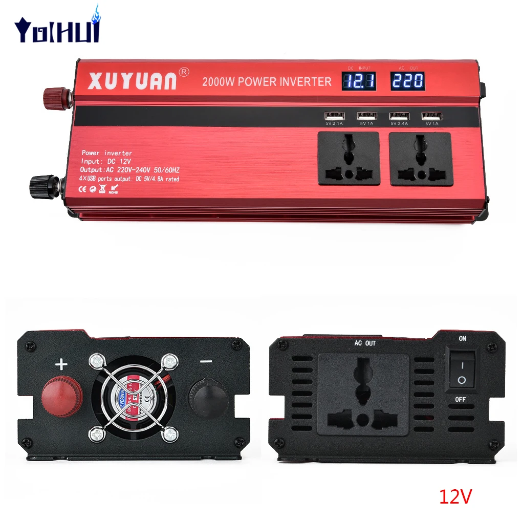 

Xuyuan 2000W Car LED Power Inverter Converter DC 12V/24V To AC 220V 4 Electronic USB Ports Universal Plug