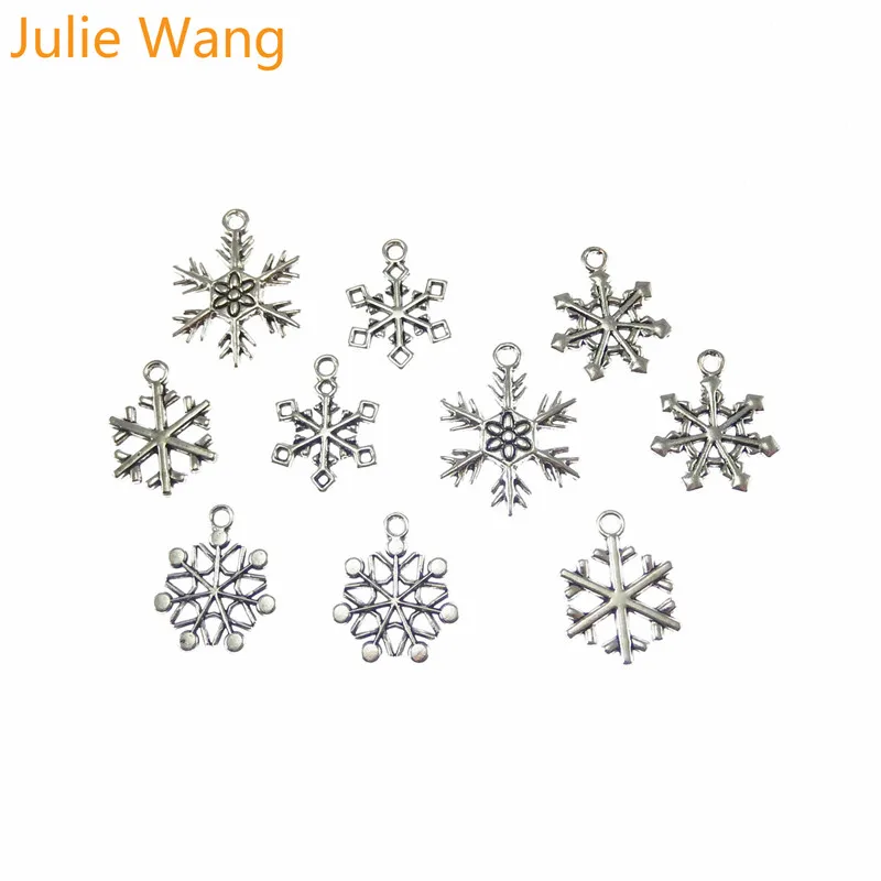 Julie Wang 10 шт Сплав Смешанные снежинки амулеты античный серебряный цвет кулон