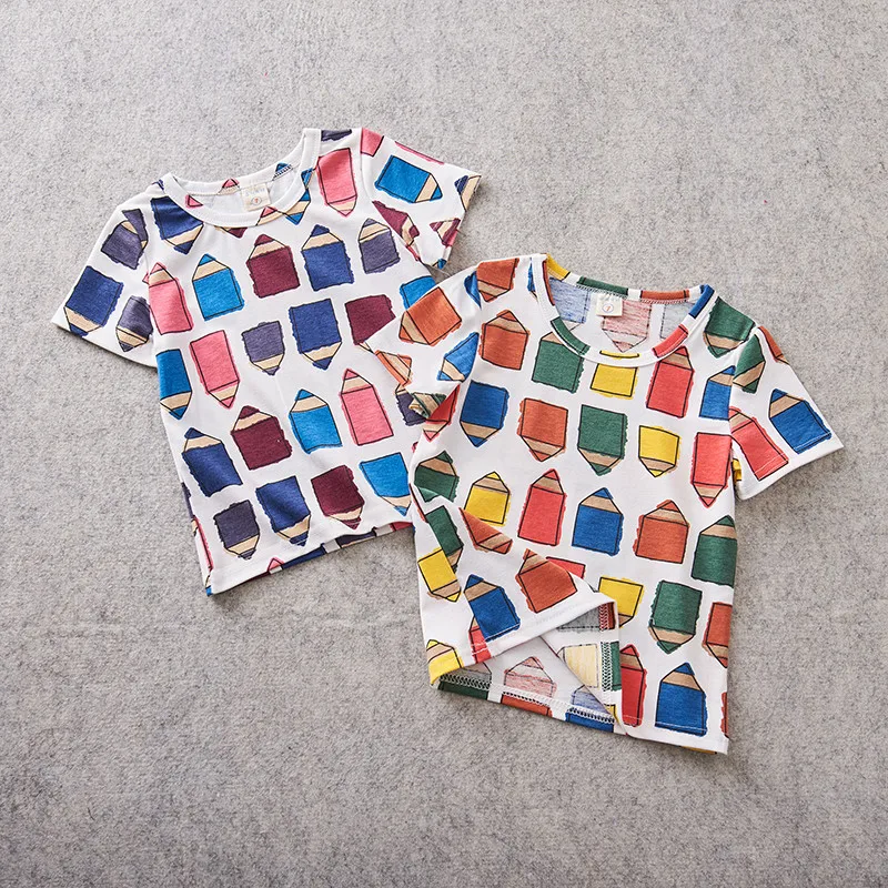 Детская одежда г. Новая летняя модная Яркая футболка-карандаш с короткими рукавами для мальчиков и девочек рубашка с короткими рукавами