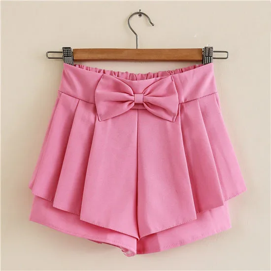 Милые женские летние повседневные шорты ярких цветов, шорты со складками с бантом, 5 цветов - Цвет: pink