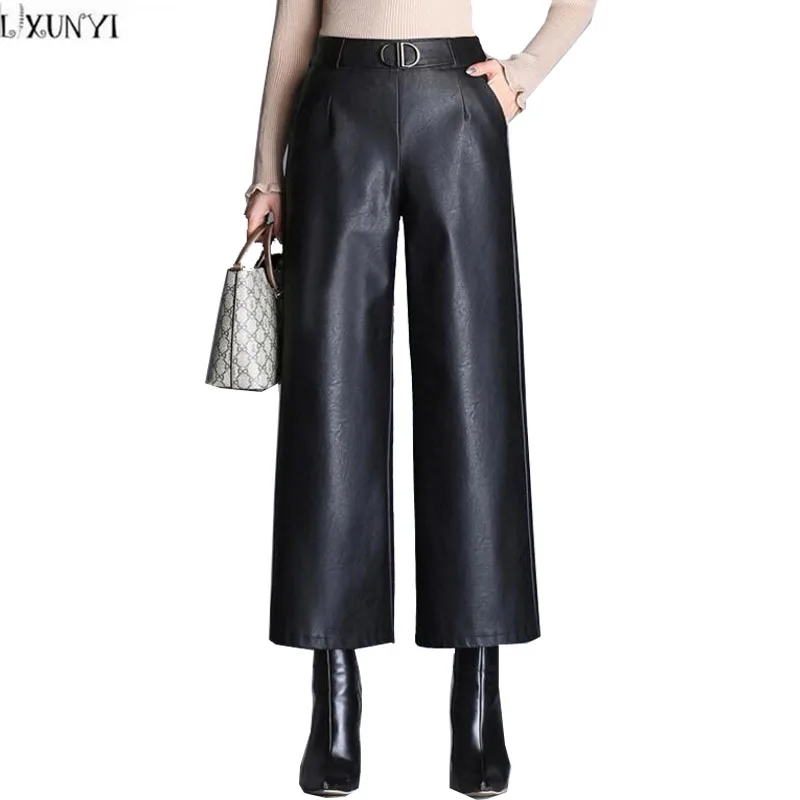 LXUNYI Autumn Winter New High Elastic Waist PU Leather Wide leg Pants ...