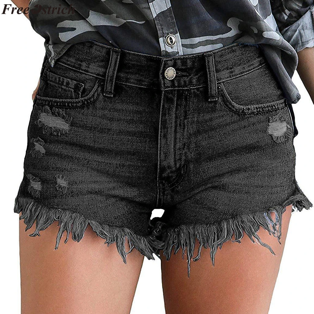 

FREE OSTRICH Womens Sexy Jeans Shorts Summer 2019 Fashion Women's Mid Rise Shorts Frayed Raw Hem Ripped Denim Jean Shorts