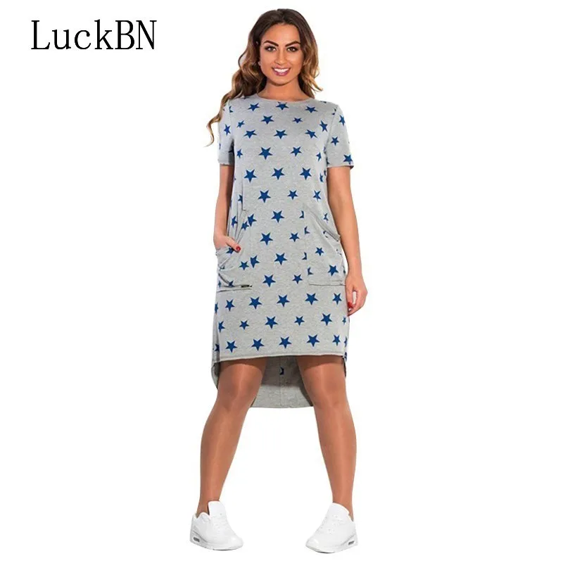 

Women Sundress Casual Summer Beach Dress Loose Waist Star Print Irregular Dress Pocket Cotton Short Sleeve Midi Dresses Vestidos