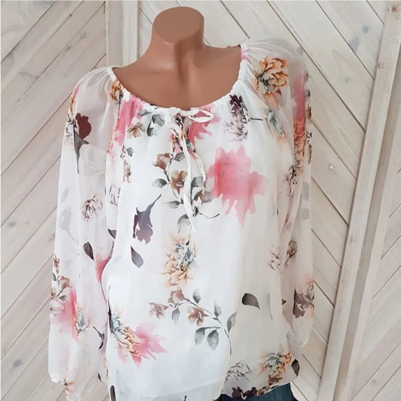 بلوزة شيفون النساء أعلى لا اصطف قمصان الخريف عارضة مائل الرقبة البوهيمي أكمام طويلة للسيدات مثير طباعة بلوزة فام قميص