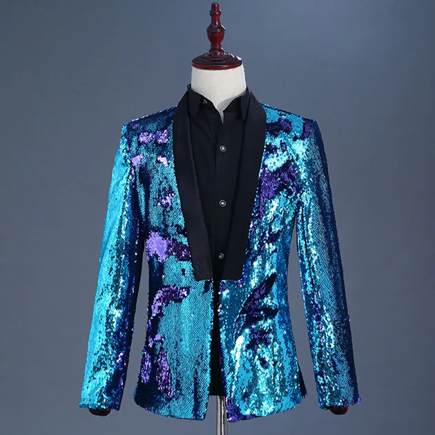 Fashion Men Shawl Collar Suit Blazer Blue Purple Sequin Glitter ...