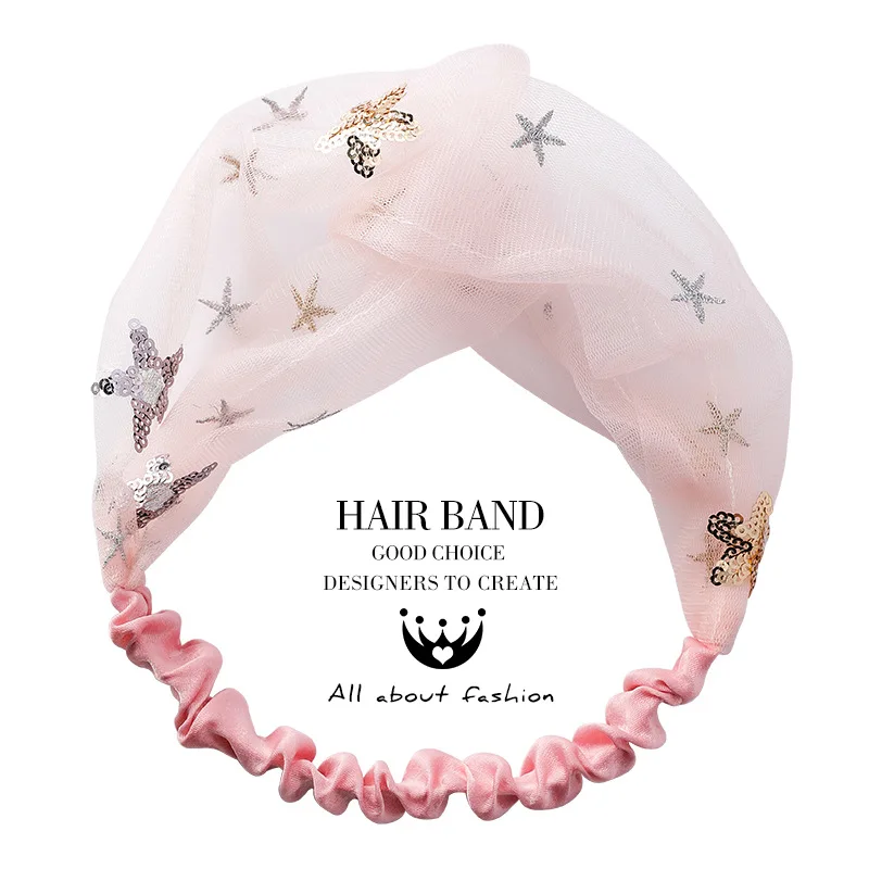 

2019 Summer New Korean Japanese Cute Sweet Breathable Mesh Suquins Embroidery Star Pink Beige Black Gray Hairbands for Women