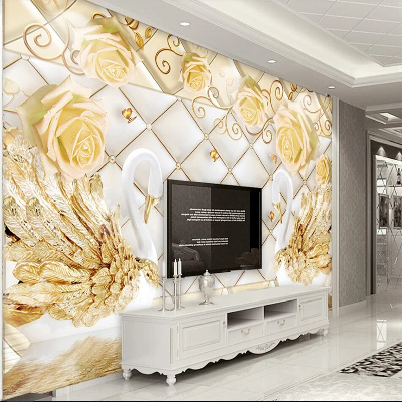 wellyu 3d Rose Butterfly Love Swan embossed three-dimensional soft package background wall custom large mural green wallpaper |