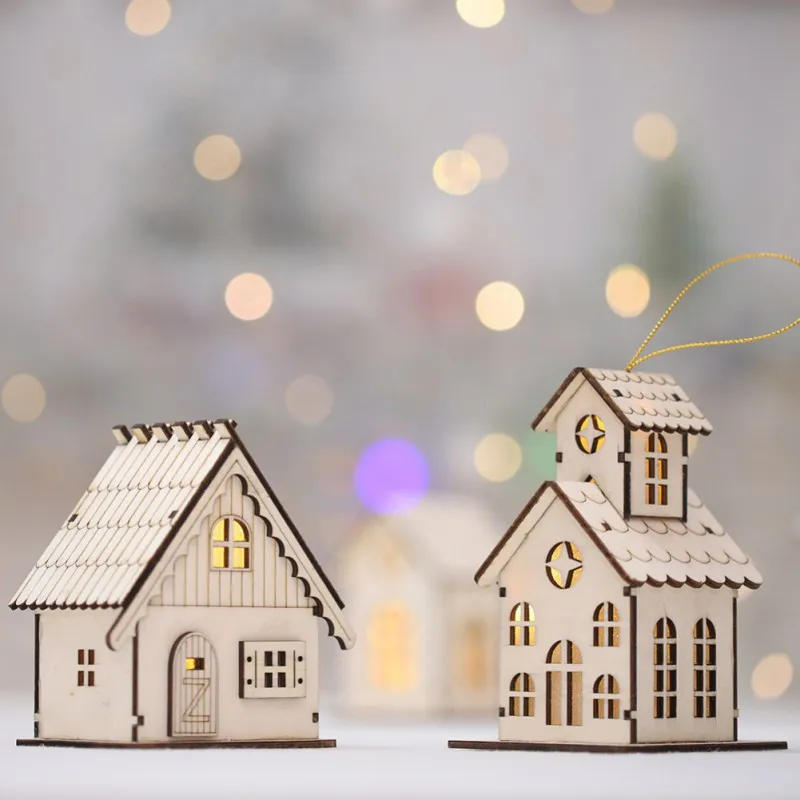 Christmas Wooden House Wall Decor Christmas Tree Hanging Ornaments with Light Mini LED Wooden