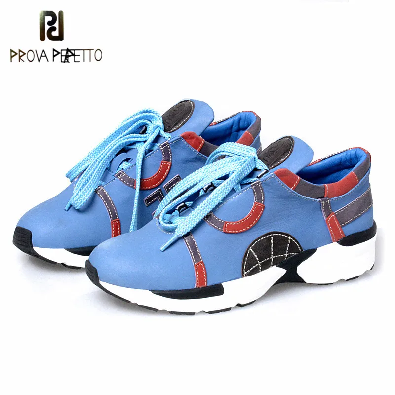 

Prova Perfetto Mixed Color Leisure Style Genuine Leather Heihgten Woman Vulcanize Shoes Lace Up Shallow Wedge Shoes