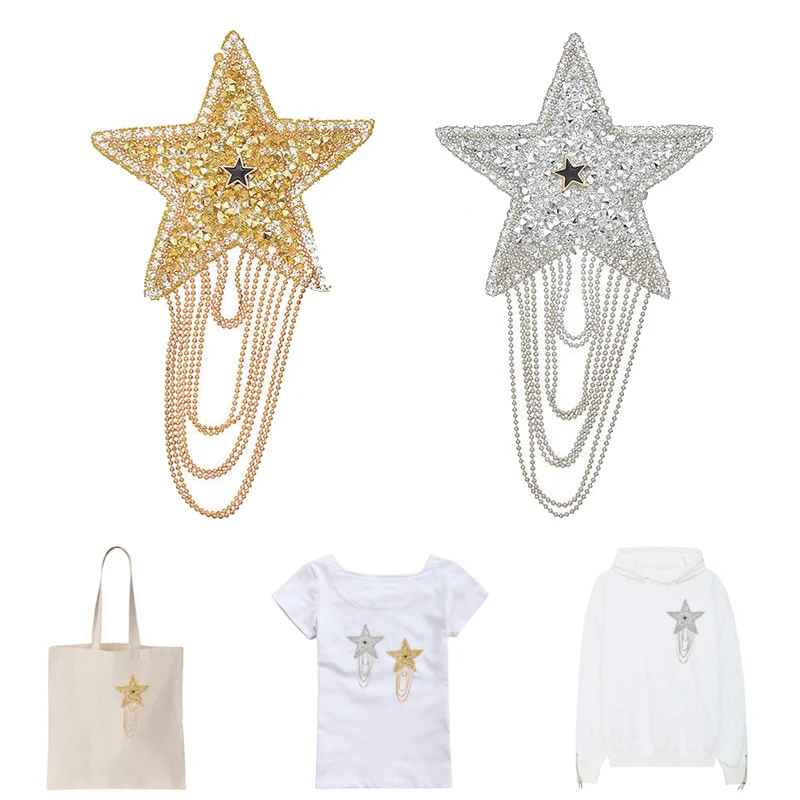 

Economical 5pcs Sparkling Applique Rhinestone Tassels Star Patches Iron Sequin Bling Decor ds99