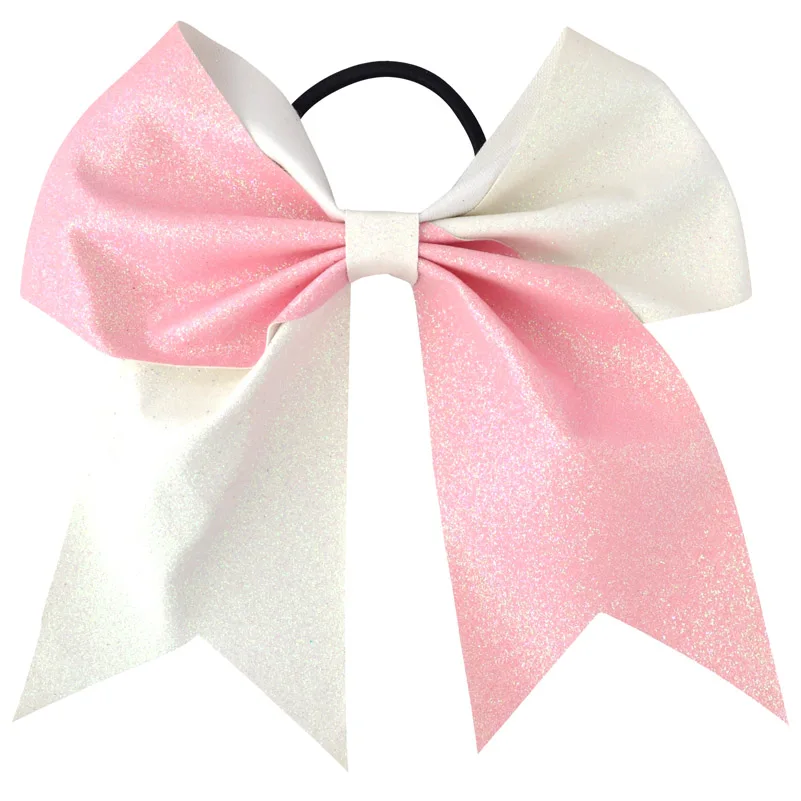 1PC 7Inch 2Color Mix Girls Boutique Solid Glisten Cheerleading Bow Hair Ring Elastic Hair Bands Hair Bows Women Hair Accessories - Цвет: White-Pink