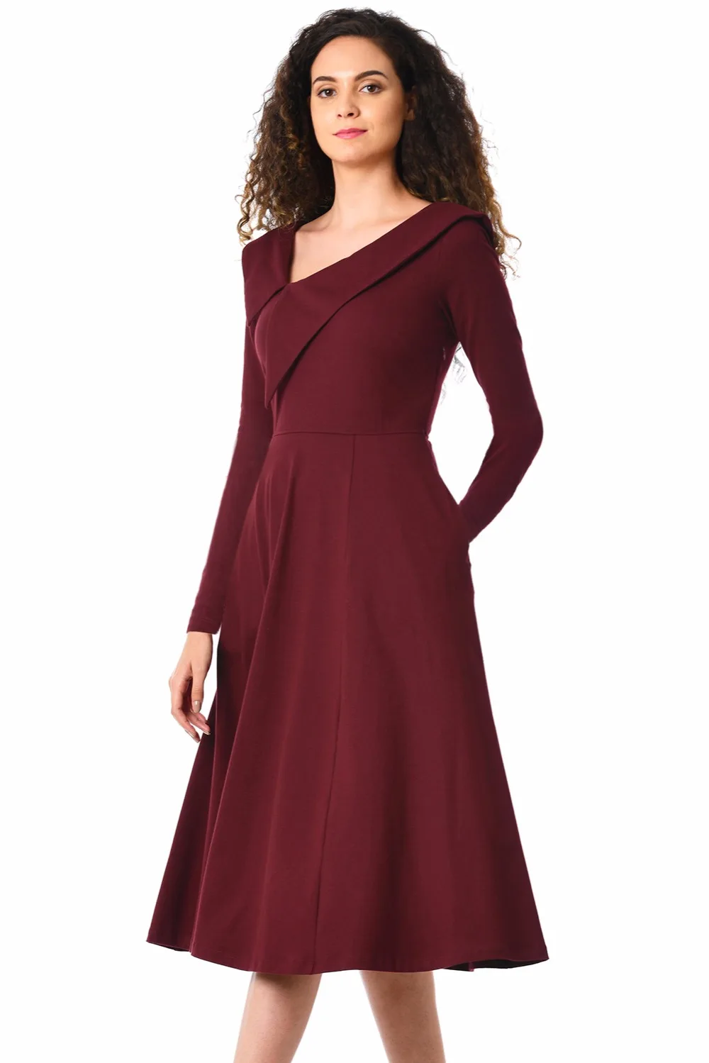 Burgundy-Retro-Inspired-Asymmetric-Collar-Flared-Dress-LC610388-3-3