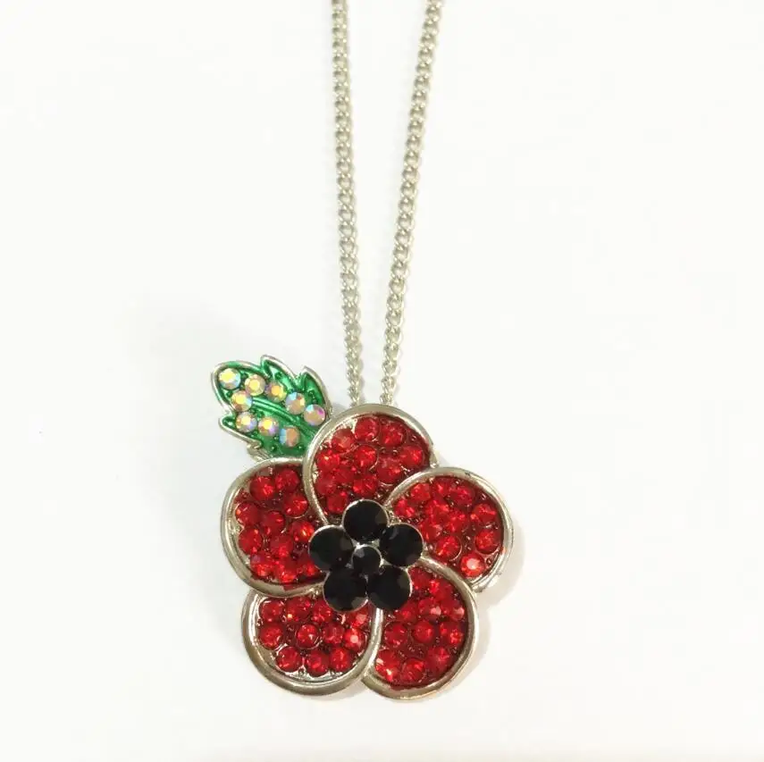 Silver Tone Red Enamel Poppy Flower Pendant Necklace Jewelry with Leaf