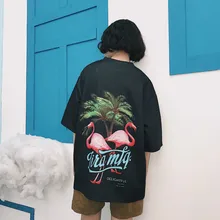 Women Tree Flamingo Printed T-shirt Loose Baggy Fashion Black Bird Long Boyfriend Style Harajuku Ulzzang Tees Summer 2017