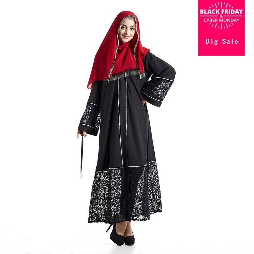 Мусульманское исламское взрослых темперамент полые вырезать чистый цвет Абая черный большие размеры был тонкий длинное платье Малайзии